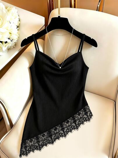 SHEIN Women's Elegant Tank Top, Women's Casual Tank Top, Women's Fuzzy Ribbed Tank Top, Women's Thermal Lined Tank Top, Autumn Outfit, Winter Clothing, Base Layer Tank Top, Asymmetrical Hem Contrast Lace, Scoop Neck Tank Top, Black Tank Top, Outing Top, Commuter Tank Top, Office Outfit, Sexy Top, Social Top, Country Style, Casual Top