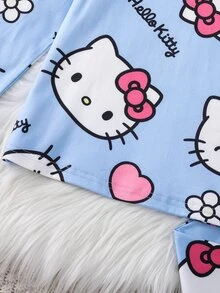 HELLO KITTY AND FRIENDS | SHEIN Tween Girls Cartoon Print Fitted Crew Neck Long Sleeve Top And Pants 2 Pieces Loungewear Set - Baby Blue - View 5