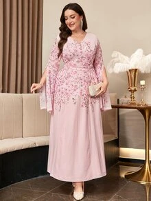 Reflora Plus Size Elegant Floral Print Party Dress - Pink - View 6