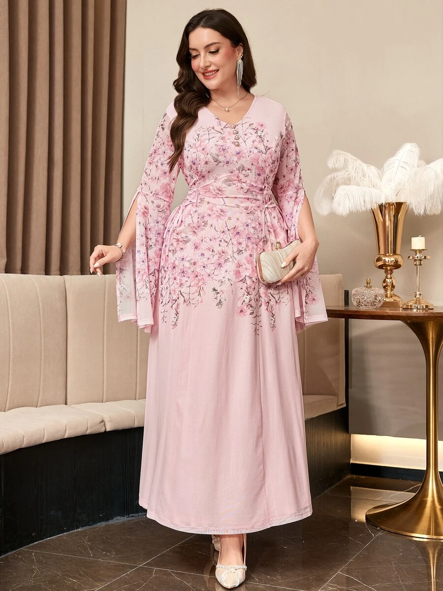 Reflora Gaun Pesta Motif Bunga Elegan Ukuran Plus - Berwarna merah muda - View 1