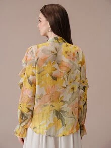 BELROSIE Áo blouse tay dài thanh lịch phong cách Âu Mỹ, thời trang mới thu đông, đa năng, in kỹ thuật số sợi kim tuyến, voan chiffon nhiều lớp bèo nhún thắt dây - Nhiều màu - Xem 3