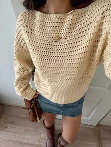 DAZY Solid Color Fitted Boat Neck Hollow Out Long Sleeve Casual Elegant Vacation Autumn/Winter Knit Sweater For Women - Apricot - View 5