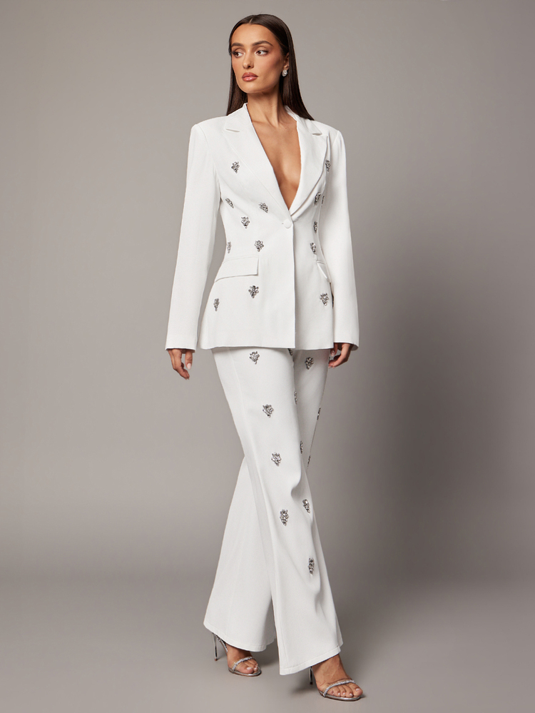 Silquee Women's Elegant White Stretch Twill Kick-Flare Trousers With Rhinestone Embellishment Perfect For Parties, Various Social Gatherings, Formal Banquets, - White - View 5