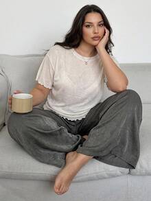 Dazy Plus 2pcs Solid Color Casual Loose Long Pants Early Autumn Spring Home Wear Set - Apricot - View 5