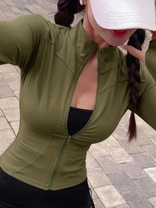DAZY 女款純色彈性小立領修身長袖夾克，運動休閒，春秋款 - 軍綠色 - 查看 4