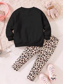 Young Girl 1pc Leopard & Bow Print Drop Shoulder Sweatshirt & 1pc Leggings - Multicolor - View 4