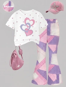 SHEIN Elladie kids 2件組復古粉色愛心印花T恤與喇叭褲套裝，可愛夏季返校女童穿搭，Y2K校園風，新款圓領短袖T恤搭配鬆緊腰喇叭長褲，簡約百搭時尚通勤套裝 - 彩色 - 查看 2