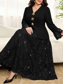 Reflora Plus Size Elegant Party Metallic Decor Top & Embroidered Mesh Skirt 2 Pieces Set - Black - View 1