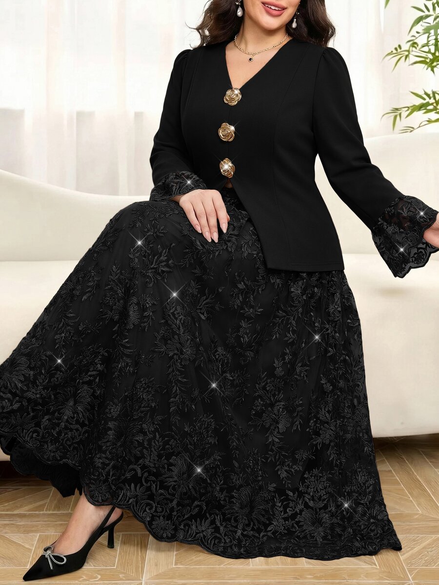 Reflora Plus Size Elegant Party Metallic Decor Top & Embroidered Mesh Skirt 2 Pieces Set - Black - View 1