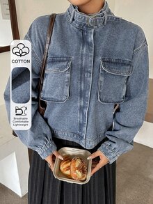 Dazy Plus Jaket Denim Vintage dengan Resleting Depan, Kantong Longgar, Kerah Tegak, Lengan Panjang, Cocok untuk Musim Semi, Musim Panas, dan Musim Gugur. - Medium Wash - View 1