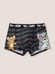 TOM & JERRY X SHEIN 男士緹花腰帶舒適字母印花四角內褲 - 黑色 - 查看 3