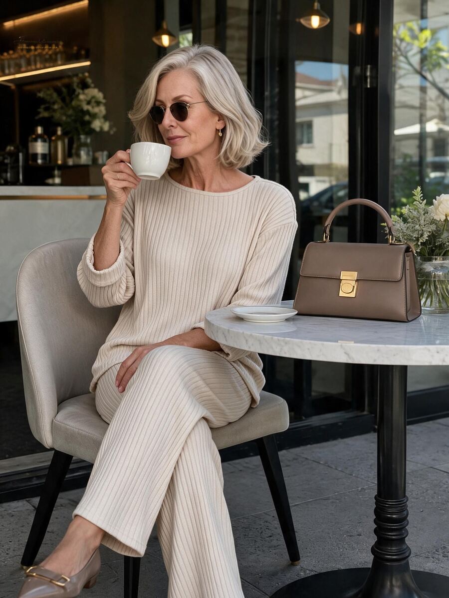 Offisola Women's Fashion Minimalist Ribbed Knit 2 Pieces Set With Asymmetrical Hem And Folded Cuffs, Casual Commuter Elegant Outfit, Suitable For Mom Wear - Apricot - View 1