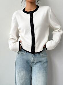SHEIN BASICS Women's Contrast Trim Thin Cardigan - White - View 4