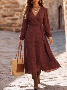 Brillora Brown And White Polka Dot Wrap Midi Dress, Long Sleeve V‑Neck For Summer Commute,Wrap Design, Clothes,Office Vacation Outfits,Christmas Boho - Brown - View 4