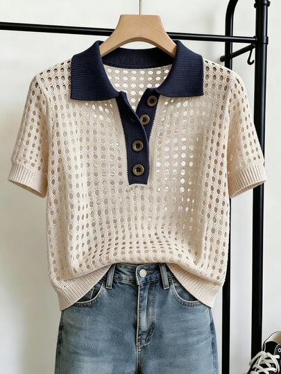 Franclia Navy Blue Hollow Knit Plus Size Short Sleeve Sweater Dates Teacher Summer Normal 90s