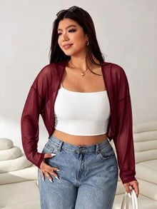 Solflare Casual Safari Burgundy Plus Size Lightweight Sheer Mesh Long Jacket With Raglan Sleeves, Suitable For Outdoor Family Vacation Office, Daily, Autumn - Burgundy - View 7