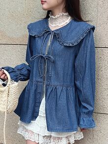 FRIFUL Women's Korean Style Fashion Tie-Up Bell Sleeve Denim Top Fall - Medium Wash - View 5