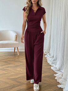 SHEIN LUNE 休閒女款 Polo 領短袖上衣與長褲 2 件套裝 - 酒紅色 - 查看 5