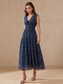 BELROSIE 法式復古極簡優雅女款日常度假雪紡波點V領前綁帶收腰顯瘦喇叭袖無袖洋裝 - 藏蓝色 - 查看 5