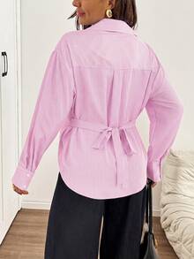 SHEIN Maternity Versatile Striped Single-Breasted Long Sleeve Shirt Fall - Pink - View 8