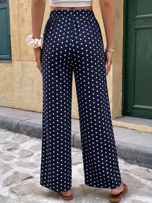 SHEIN Frenchy Women's Casual Vacation Polka Dot Print Straight Leg Pants - Navy Blue - View 2