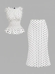 SHEIN MOD 女款波點百褶上衣與裙子時尚套裝 - 白色 - 查看 12