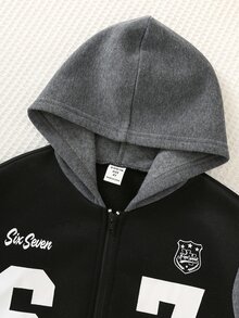 SHEIN 小男孩休閒百搭 67 號色塊拼接厚款連帽外套 - 黑色 - 查看 6