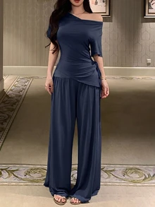 DAZY 女款純色針織大領口收腰上衣與寬腿睡褲家居服套裝 秋季 - 藏蓝色 - 查看 3