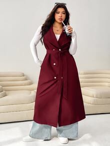 SHEIN EZwear 酒紅色休閒女款大尺碼雙排扣風衣外套 - 酒紅色 - 查看 5