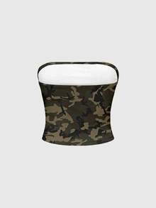 ROMWE Grunge Punk Atasan Bandeau Wanita Motif Street Punk Dark Camo dengan Slogan - Hijau - View 2