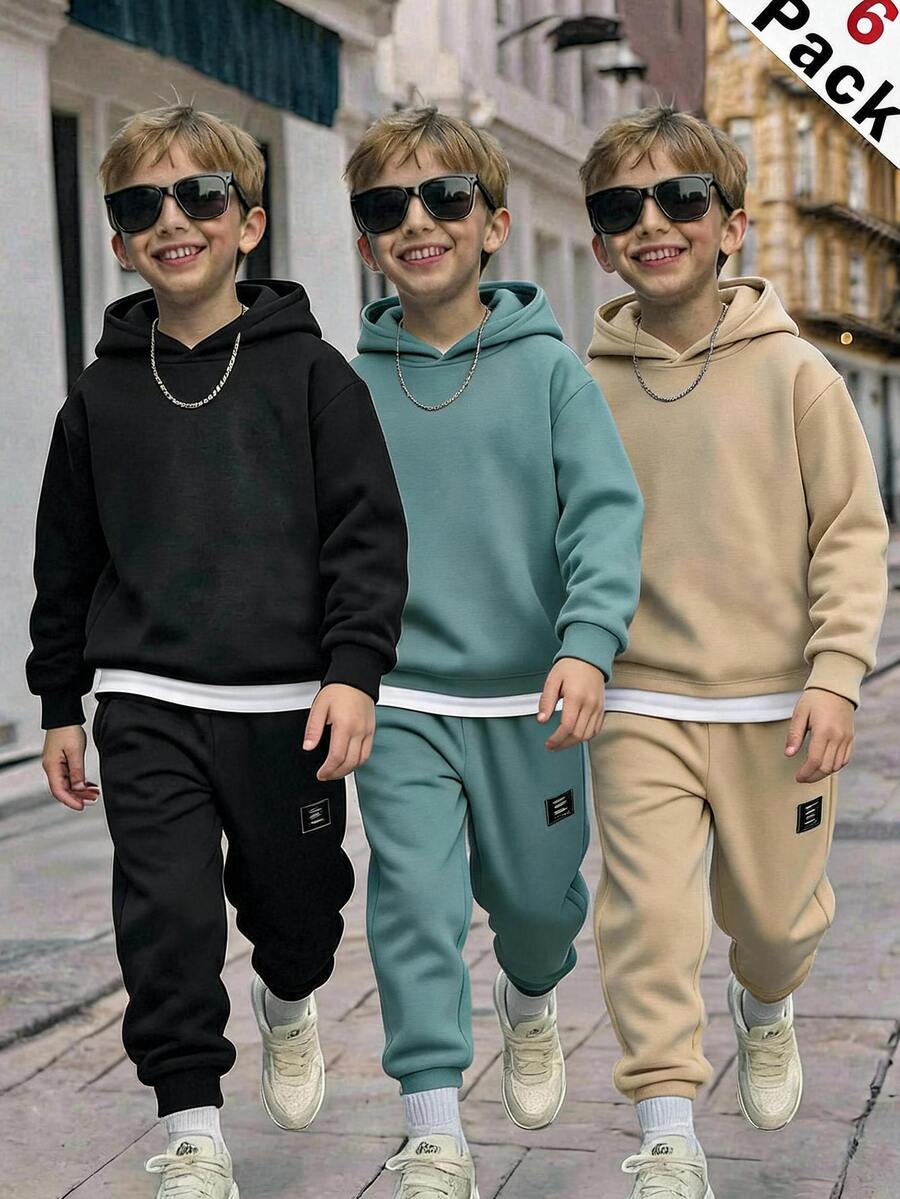 SHEIN Tween Boy Solid Color Hoodie Long Sleeve Sweatshirt And Sweatpants Casual Daily 6-Piece Set - Multicolor - View 1