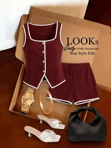 Lavishia Women's Piped Single-Breasted Tank Top And Shorts Casual 2 Pieces Set - Burgundy - View 5
