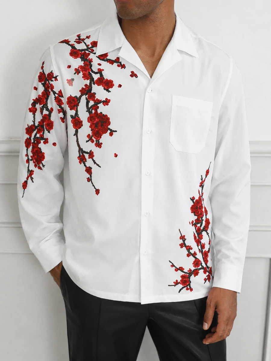Manfinity AFTRDRK Men's Printed Long Sleeve Button Up Shirt, For Fall Holiday - Red - View 1
