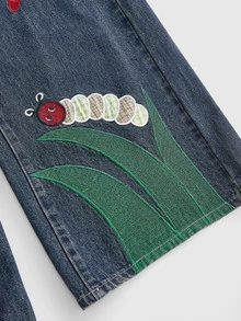 ROMWE Y2K Millennium Retro Plaid Dragonfly & Ladybug Applique Embroidered Loose Casual Low Waist Women's Jeans - Blue - View 4