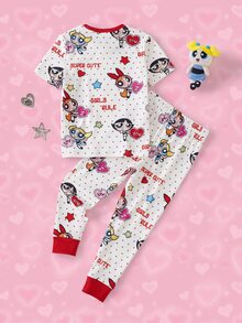 THE POWERPUFF GIRLS X SHEIN 女童字母卡通印花短袖上衣與長褲休閒居家睡衣套裝 - 彩色 - 查看 2