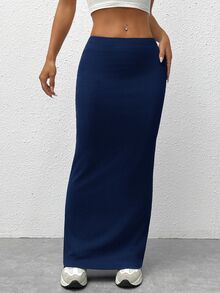 SHEIN EZwear 純色低腰緊身長裙 - 藏蓝色 - 查看 4