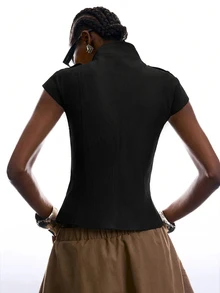 LYSMO Women's Street Style Double-Breasted Zipper Jacket - Navy Blue - View 2