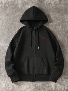 Resyla Men Men's Loose Fit Embroidered Pocket Zipper Hooded Jacket - Black - View 3