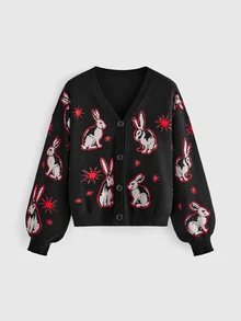 ROMWE Goth Vintage Dark Plus Size Women's Knitted Cardigan Rabbit Jacquard V-Neck Loose Long Sleeve Sweater Autumn/Winter Sweater Jacket - Black - View 1