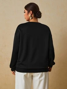 Travachic 大尺碼女款度假風 3D 刺繡裝飾長袖運動衫 - 黑色 - 查看 2