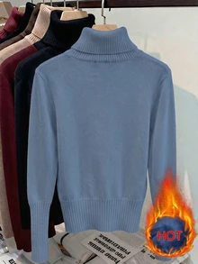 Franclia European & American Autumn/Winter Fashion All-Match Versatile High Neck Thickened Fleece One-Piece Slim Fit Long Sleeve Knit Inner Layer Base Layer - Dusty Blue - View 2