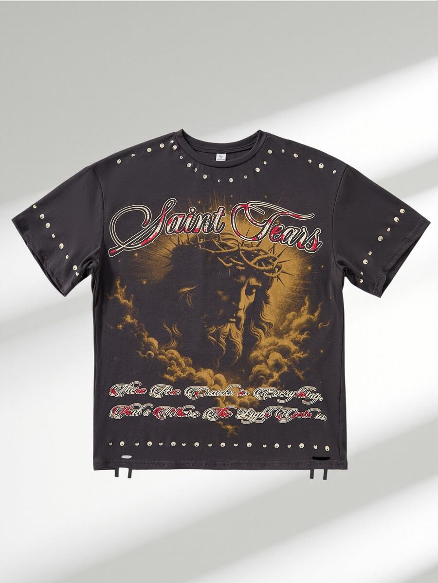 ROMWE MEN Street Life Youth Street Jesus Print Short Sleeve T-Shirt - Dark Grey - View 1