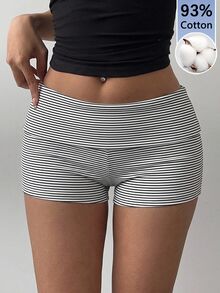 SHEIN BASICS 休閒極簡風彈性腰頭黑白細條紋針織短褲，適合春夏穿著 - 彩色 - 查看 1