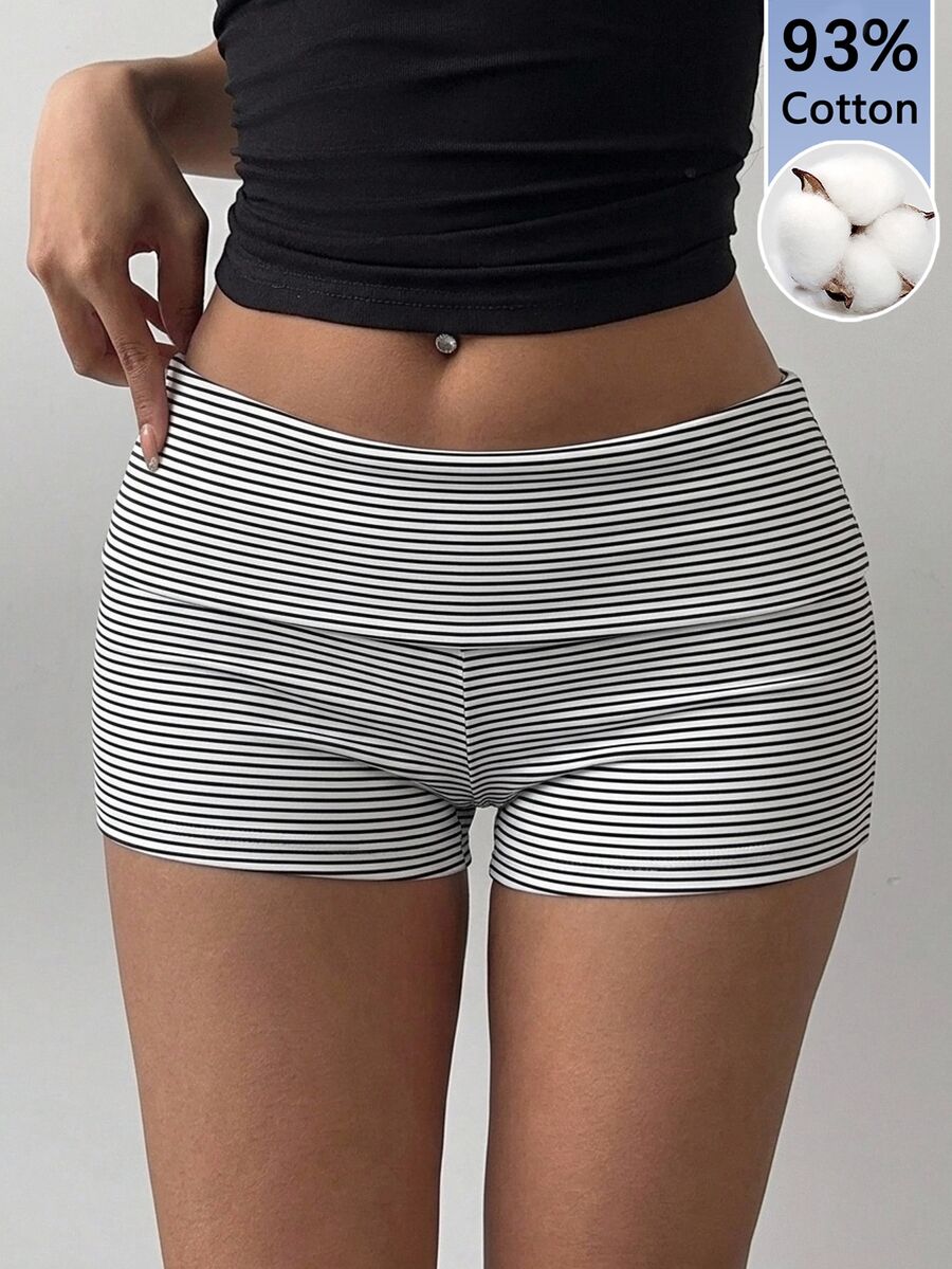 SHEIN BASICS 休閒極簡風彈性腰頭黑白細條紋針織短褲,適合春夏穿著 - 彩色 - 查看 1