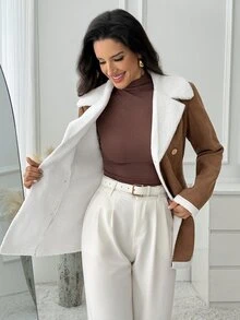 Medorina Jaket Lengan Panjang Kasual Wanita Motif Blok Warna untuk Sehari-hari - Khaki - View 1
