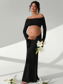 Cheriluna Maternity 女款露肩抓皺露腹長袖修身孕婦攝影套裝 - 黑色 - 查看 5