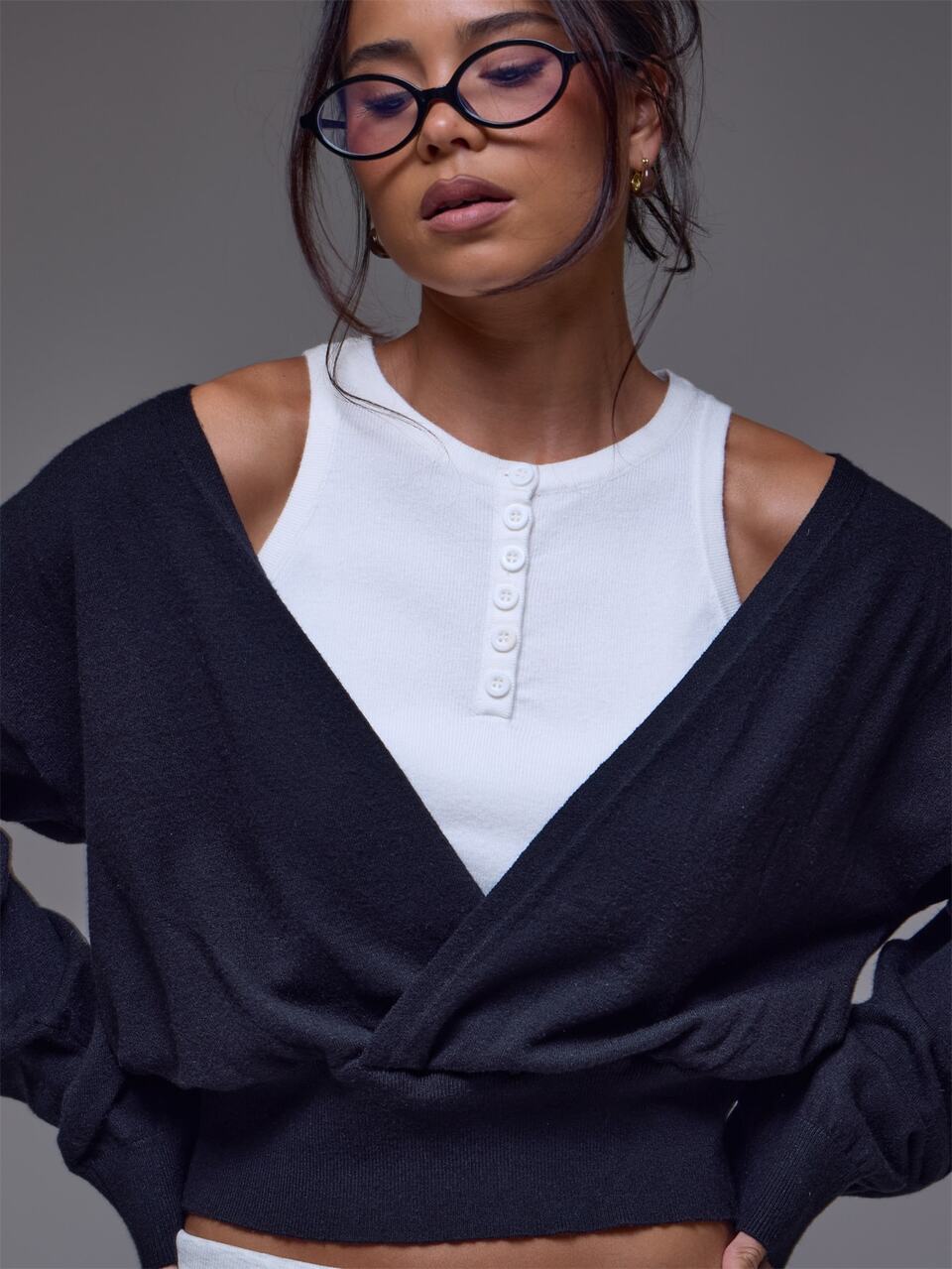 Black Knit Overlayer Wrap Front Long Sleeve Jumper