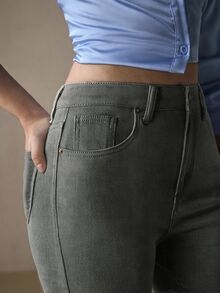 SHEIN EZwear 女款休閒百搭日常旅行牛仔褲，附口袋與鈕扣設計 - 軍綠色 - 查看 8