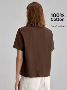 Ontre 女款純色 Polo 領短袖襯衫 法式優雅復古風 適合夏季辦公通勤休閒 棕色調 - 棕色 - 查看 7