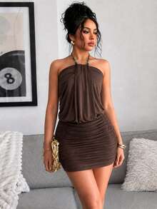 Elenzga Women's Solid Color Pleated Fashion Date Party Halter Neck Dress - Brown - View 6